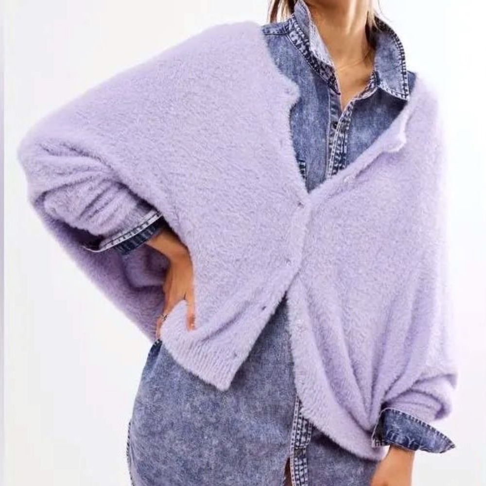 Free People One Sela Cardigan Fuzzy Knit Clear Button Front Cropped Lavender Med